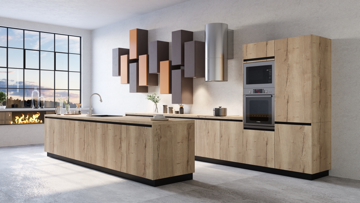 Luxusní kuchyně do bytu dekor dřeva s moderními prvky