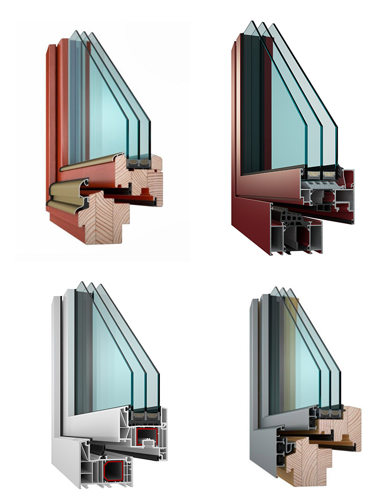 Značka VEKRA nabízí (na obrázku zleva) dřevěná, plastová, hliníková a dřevohliníková okna, a to vždy v několika profilových řadách.