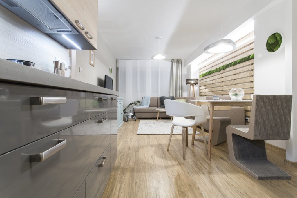Kuchyňská linka propojená s obývacím prostorem v moderním stylu