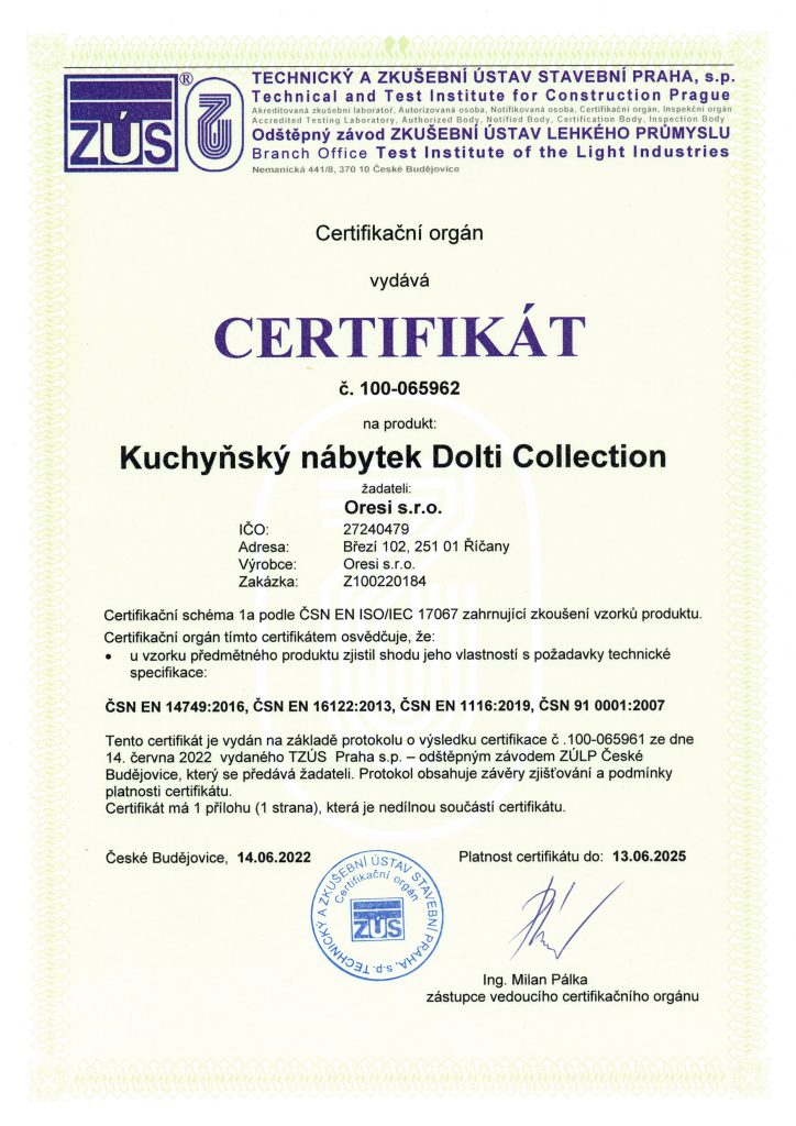 Oresi kuchyně - certifikát