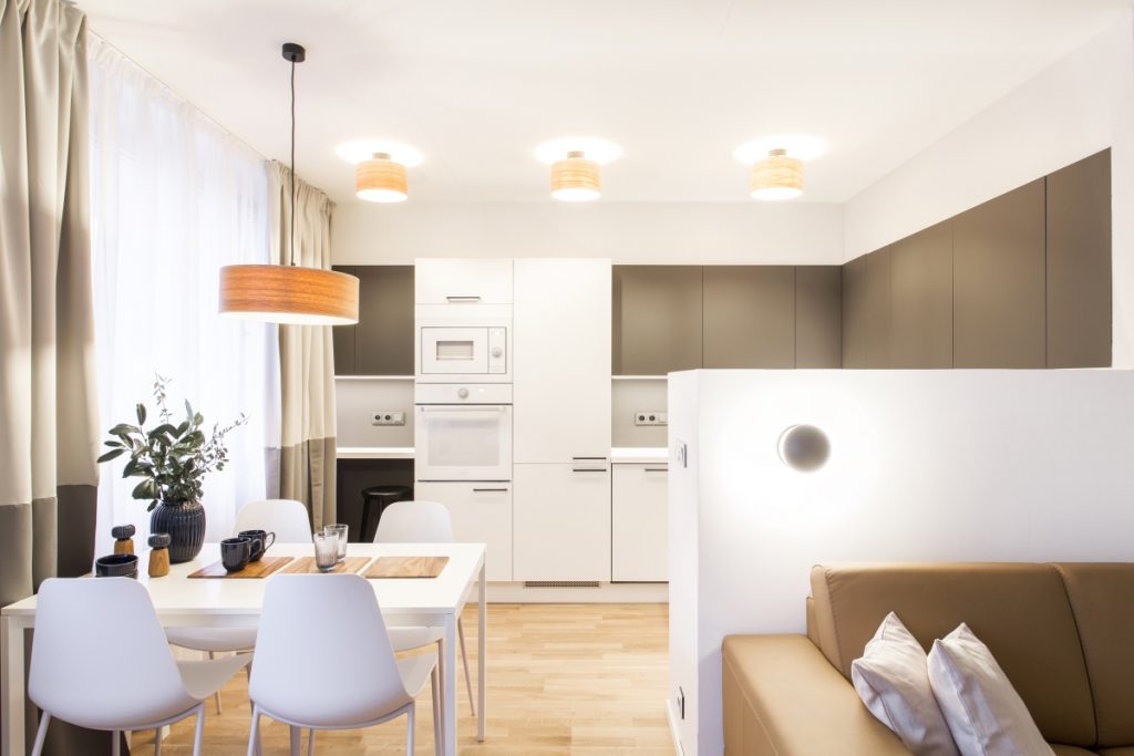 Moderní kuchyně s jídelním stolem a obývacím pokojem