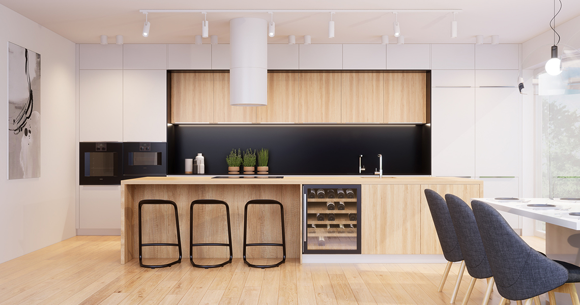 Luxusní moderní kuchyně s ostrůvkem a barovými židlemi černo dřevěná